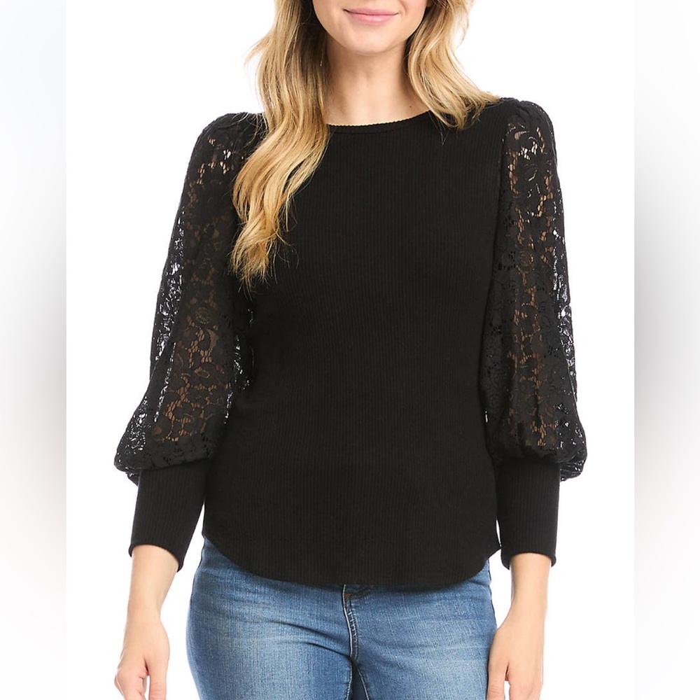 NWT Karen Kane Lace Sleeve Top Black Sz S